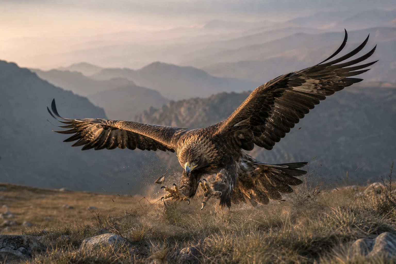 Águila real descendiendo en pleno vuelo de caza sobre un paisaje natural